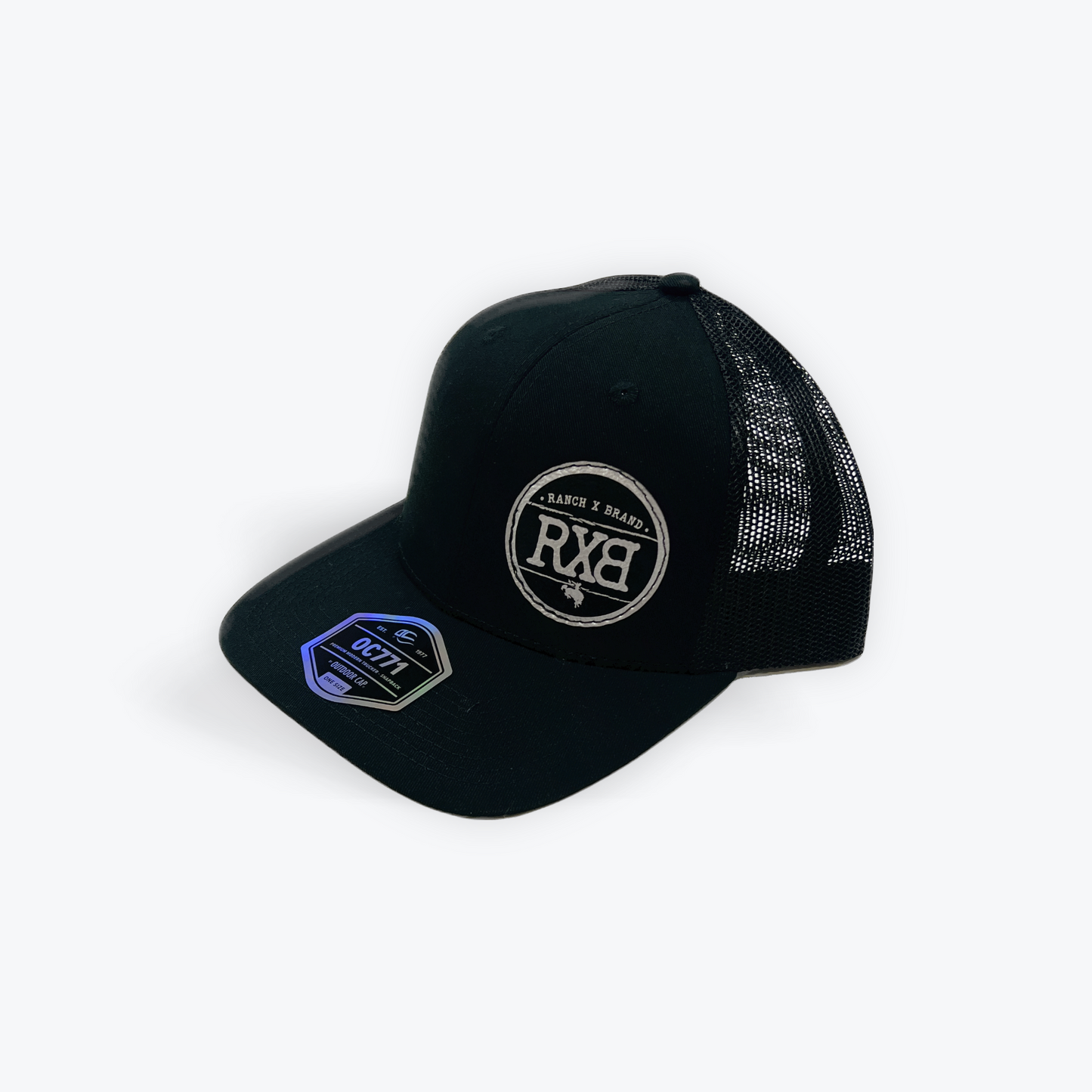 Black Trucker cap with mesh back and metalic Leather RXB logo