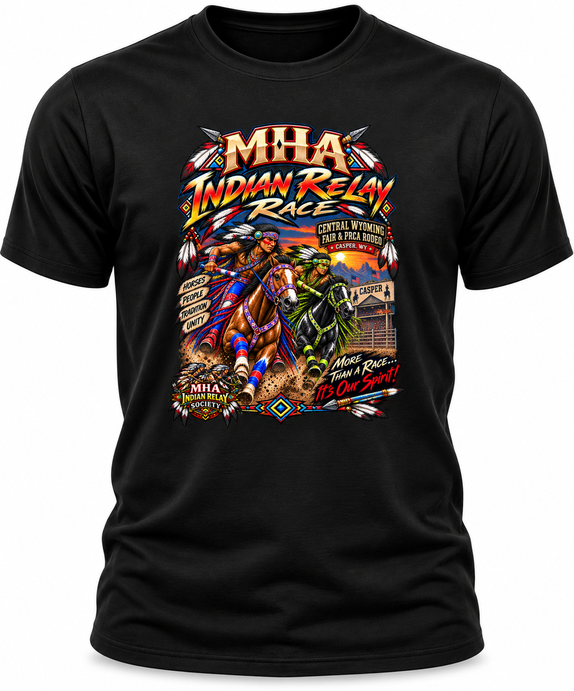 A black short-sleeve crewneck t-shirt featuring a large, colorful graphic print on the front. The graphic depicts a Native American cowboy riding a bucking horse, with bold text reading 'MHA Indian Relay' and 'Centennial Running for a Piece of My Own'.
