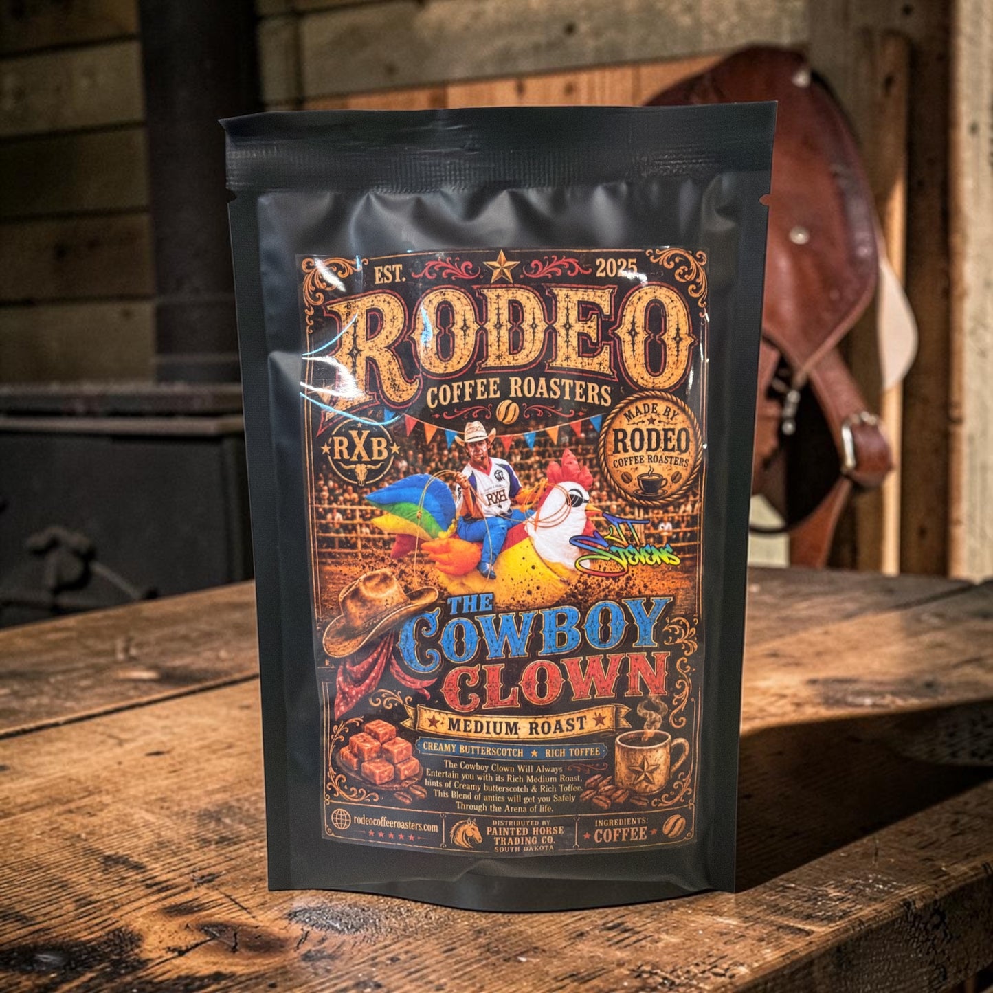 "The Cowboy Clown" - (MEDIUM Roast Creamy Butterscotch & Sweet toffee Flavor) 12oz (Copy)