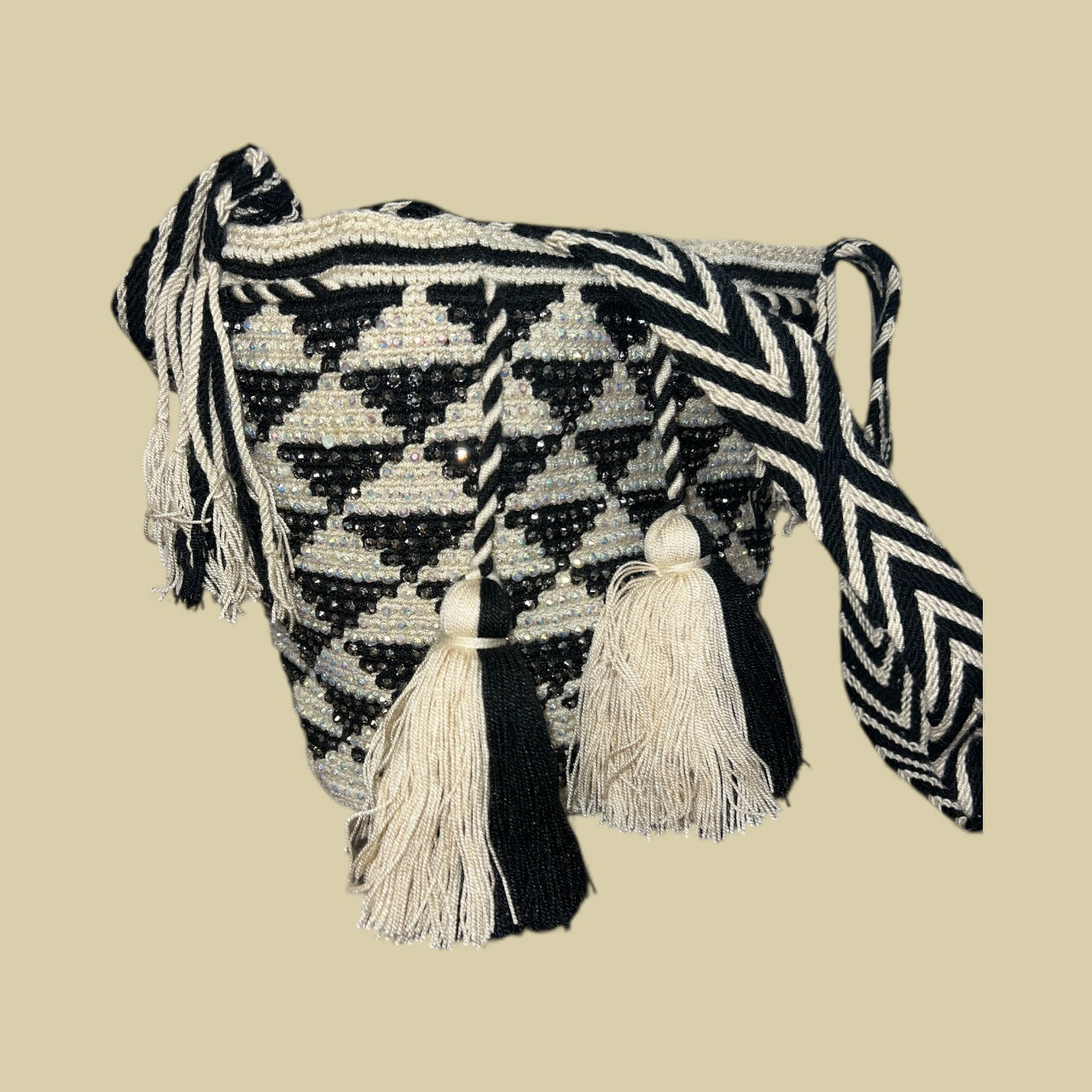Wayuu' Black & Cream Rhynestoned Geo Hand Bag (Medium)