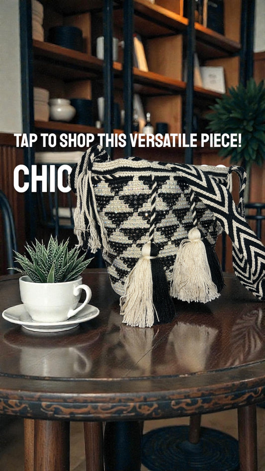 Wayuu' Black & Cream Rhynestoned Geo Hand Bag (Medium)