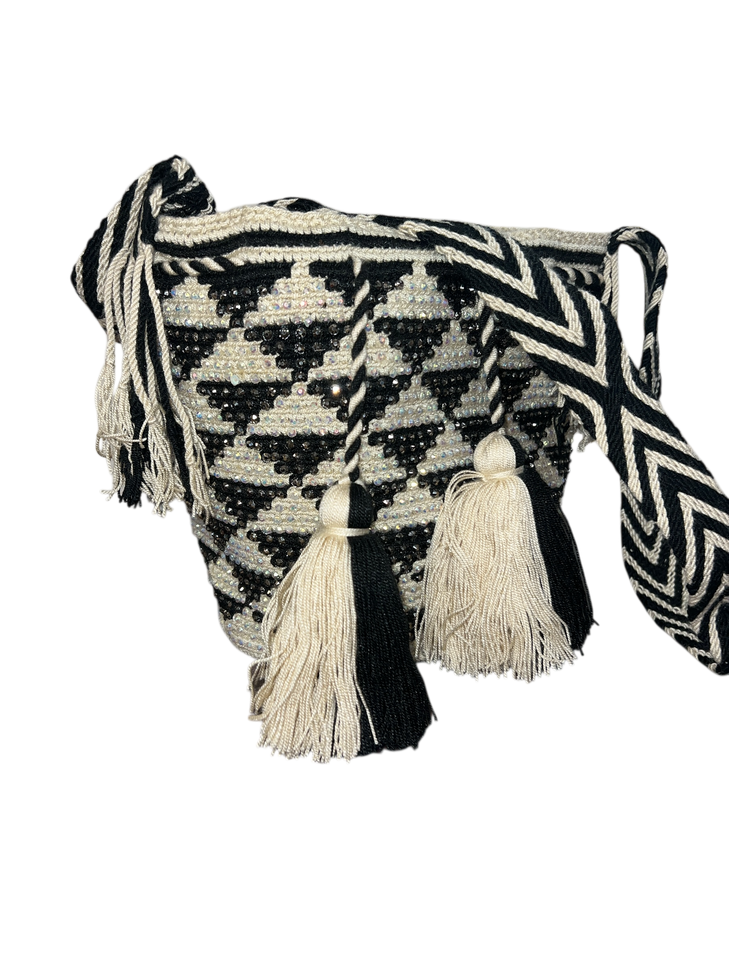 Wayuu' Black & Cream Rhynestoned Geo Hand Bag (Medium)