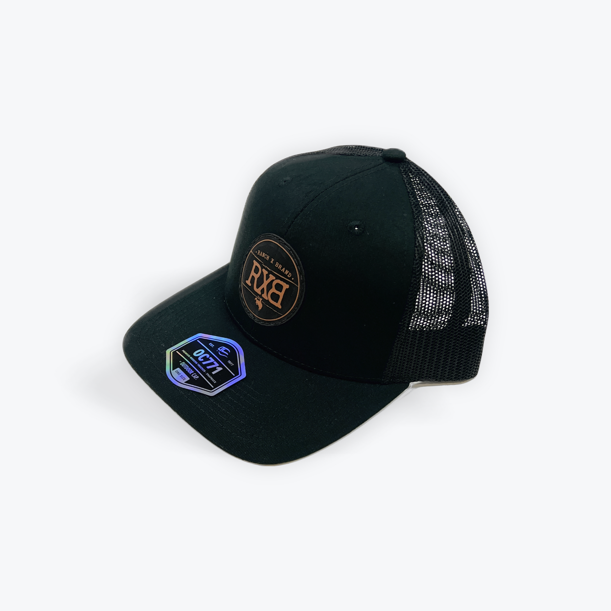 Black trucker cap with Leather circular logo and mesh back 
