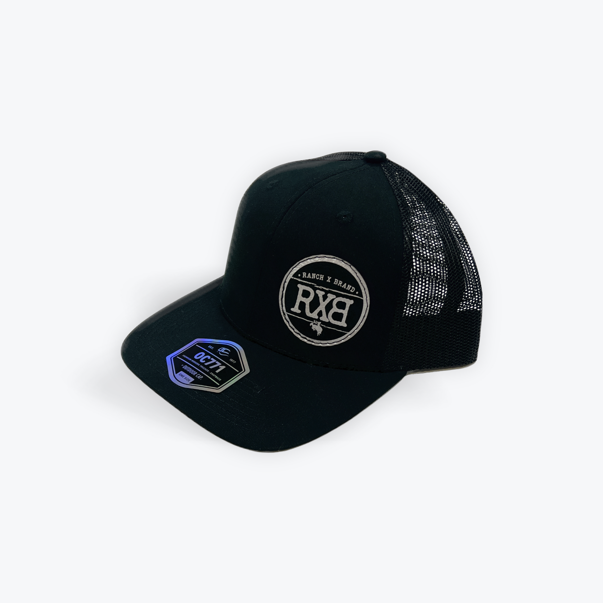 Black Trucker cap with mesh back and metalic Leather RXB logo 