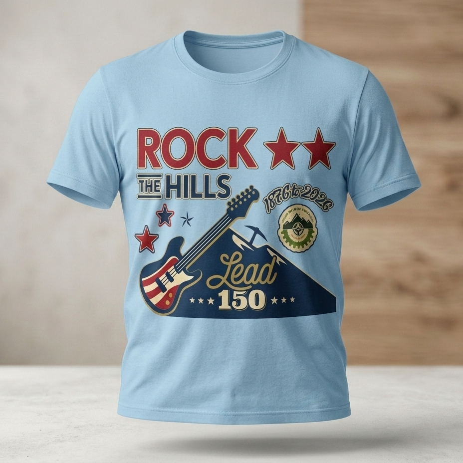 Light blue t-shirt with a guitar graphic and text on a wooden surface