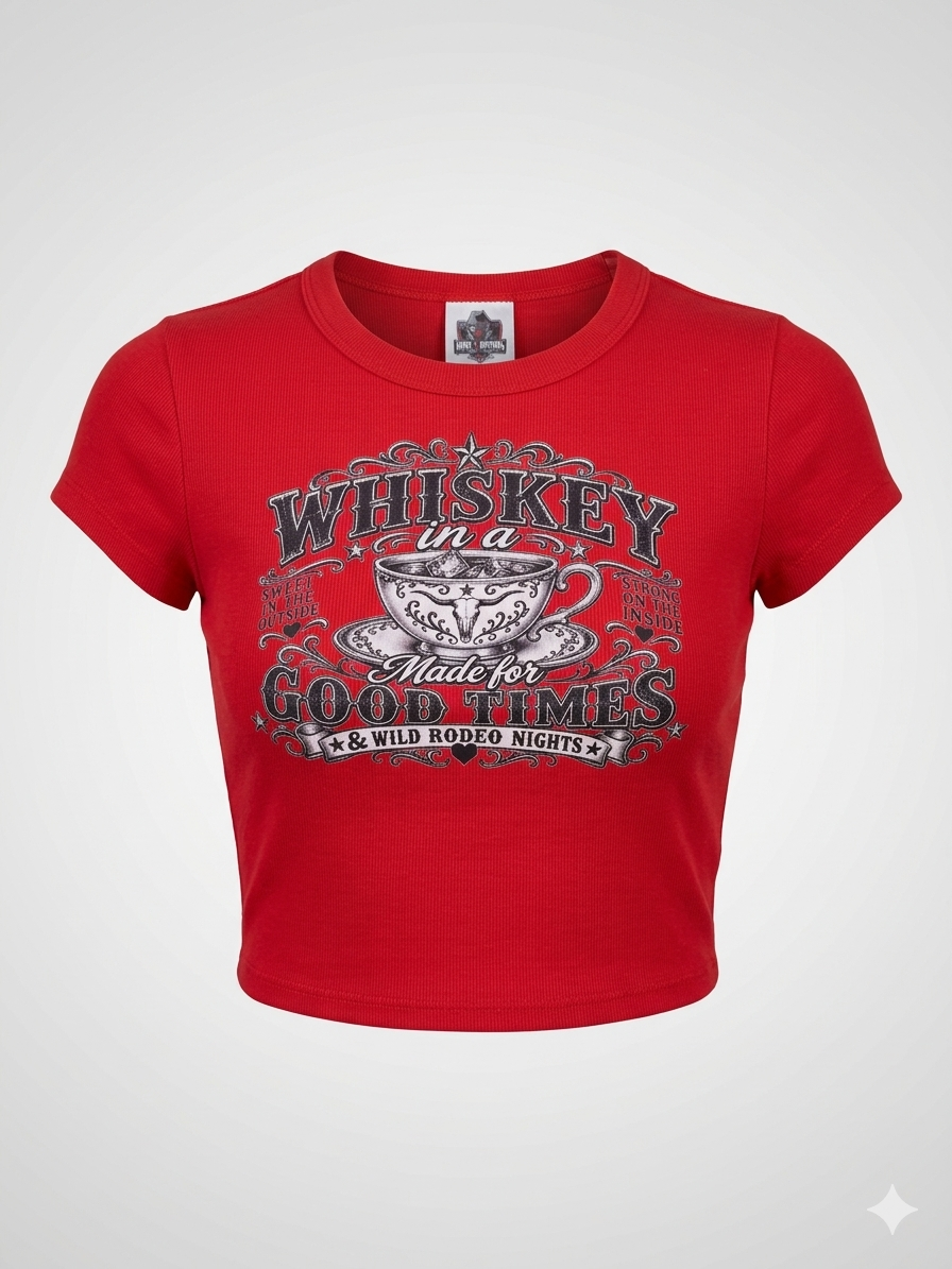 A red short-sleeve crop top t-shirt with a vintage-style graphic on the front that reads 'Whiskey in Tea Cup a Made for Good Times & Wild Rodeo Nights' around an illustration of a teacup, shown against a light gray background.