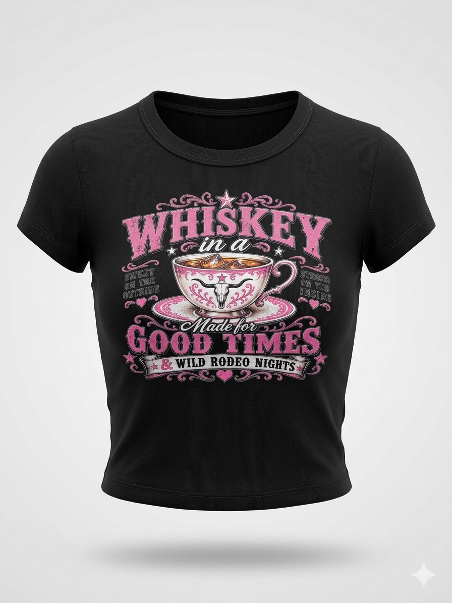 A black short-sleeve crewneck t-shirt with a pink and white graphic print on the front. The graphic features a teacup and saucer illustration and the text 'WHISKEY in a Tea Cup Made for GOOD TIMES WILD RODEO NIGHTS'.